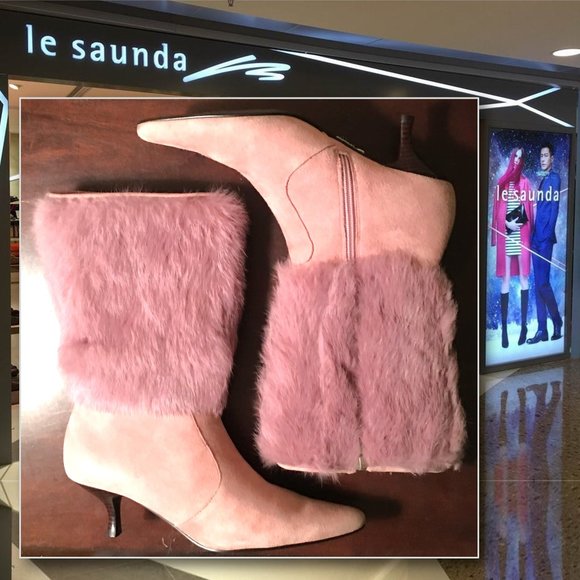 Le Saunda Shoes - LE SAUNDA Rabbit Fur and Suede Kitten Heel Booties